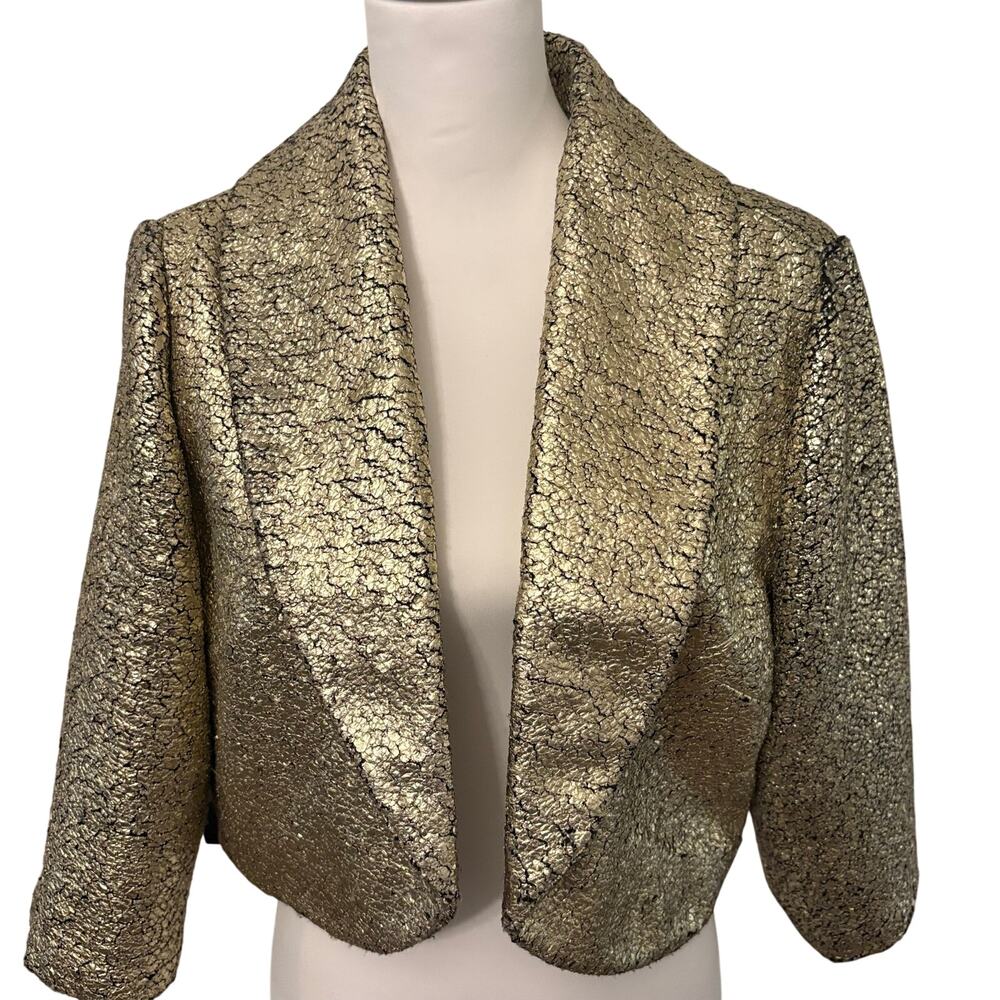 Chico’s Gold Metallic Cropped Bolero Jacket Sz 2 / M Crackle Open Front Evening
